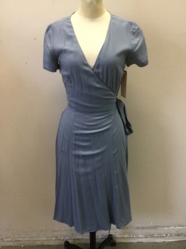 MTO, Dusty Blue, Poly/Cotton, Solid, Short Sleeves, Wrap Dress, V-neck, Below Knee Length, Made To Order,
