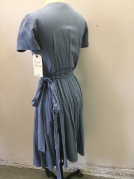 MTO, Dusty Blue, Poly/Cotton, Solid, Short Sleeves, Wrap Dress, V-neck, Below Knee Length, Made To Order,