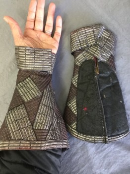 Unisex, Sci-Fi/Fantasy Gauntlets, BILL HARGATE, Maroon Red, Pewter Gray, Black, Polyester, Rubber, Basket Weave, Color Blocking, Small, Soft Cuffs, Zip Close, Velcro Patches,
