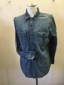 CALVIN KLEIN, Blue, Cotton, Solid, Stonewashed Denim, Long Sleeves, Collar Attached, Button Front,