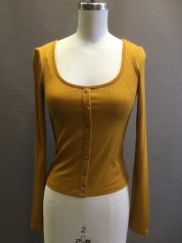 Womens, Top, H&M, Goldenrod Yellow, Viscose, Elastane, Solid, XS, Ribbed Knit, L/S, Scoop Neck, Faux B.F.,