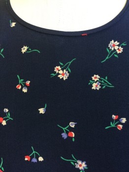 THEORY, Navy Blue, Red, Yellow, Green, Purple, Polyester, Floral, Round Neck,  Key Hole Back with 1 Hook & Eye, Long Sleeves, Flair Bottom, Self Thin Side Lacing