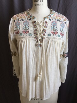 LUCKY BRAND, Beige, Turquoise Blue, Lt Brown, Blush Pink, Olive Green, Cotton, Polyester, Abstract , Human Figure, (DOUBLE)  Embroidery Detail Work on Round V-neck with Lacing Beige Cord,  Yoke Front and on 3/4 Sleeves with Elastic Hem, Uneven Hem