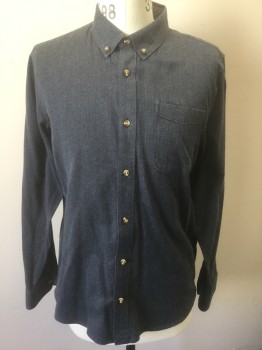 VANS, Gray, Navy Blue, Cotton, Herringbone, Flannel, Long Sleeve Button Front, Collar Attached, Button Down Collar, 1 Patch Pocket