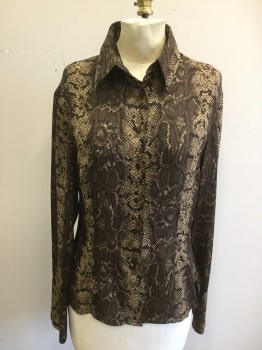 INC, Brown, Lt Brown, Chocolate Brown, Silk, Reptile/Snakeskin, Button Front, Collar Attached, Long Sleeves, Extended Cuff