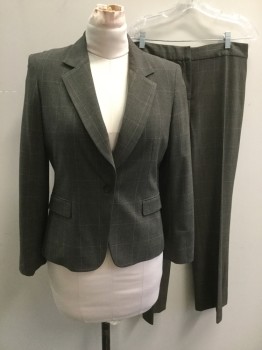 Womens, Suit, Jacket, TAHARI, Charcoal Gray, Beige, Pink, Polyester, Rayon, Plaid, Plaid-  Windowpane, 10, Charcoal Plaid, Pink Windowpane, 1 Button, Collar Attached, Notched Lapel, 2 Flap Pockets