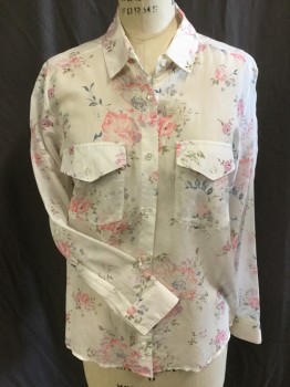 THE KOOPLE, Cream, Pink, Olive Green, Slate Blue, Purple, Cotton, Floral, Cream Sheer with Pink/olive/slate Blue/purple Floral Print, Collar Attached, Button Front, 2 Pockets with Flap, Long Sleeves,
