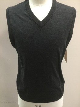 Mens, Sweater Vest, BROOKS BROTHERS, Charcoal Gray, Wool, Solid, M, V-neck, Pull Over
