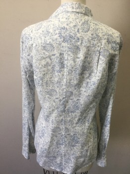 FRANK & EILEEN, White, Dk Blue, Linen, Floral, Long Sleeves, Button Front, Collar Attached, 1 Pocket,