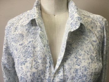 FRANK & EILEEN, White, Dk Blue, Linen, Floral, Long Sleeves, Button Front, Collar Attached, 1 Pocket,