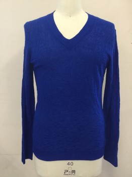 Mens, Pullover Sweater, ARMANI EXCHANGE, Royal Blue, Wool, Acrylic, Solid, M, Textured Weave, Long Sleeves, V-neck, Ribbed Knit Neck/Cuff/Waistband