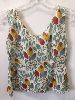 MARNI, Off White, Gold, Red, Sage Green, Slate Blue, Silk, Floral, Chiffon, Tank Style, Rounded V-neck,