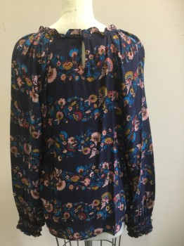 BODEN, Navy Blue, Dusty Pink, Blue, Magenta Pink, Chartreuse Green, Silk, Floral, Long Raglan Sleeves with Smocking Cuffs, Ruffle Neckline, Keyhole Back with Button