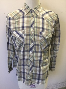 BJ-R, Beige, Off White, Navy Blue, Lemon Yellow, Poly/Cotton, Plaid, Long Sleeve, Snap Front, Collar Attached, Smoky White and Silver Snaps, 2 Pockets with Snap Closures, Western Style Yoke