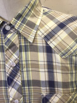 Mens, Western, BJ-R, Beige, Off White, Navy Blue, Lemon Yellow, Poly/Cotton, Plaid, L, Long Sleeve, Snap Front, Collar Attached, Smoky White and Silver Snaps, 2 Pockets with Snap Closures, Western Style Yoke