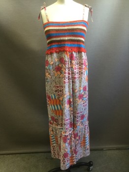 SUPER SANTA, Multi-color, Cotton, Floral, Stripes - Horizontal , Top is Orange, Turquoise, Red, Beige and Brown Horizontal Crochet Stripes, Bottom is Fuchsia/Orange/Turquoise/Brown Psychedelic Flowers on Off White Background, Ankle Length, 1/2" Wide Straps Out of Same Fabric As Bottom,