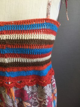 SUPER SANTA, Multi-color, Cotton, Floral, Stripes - Horizontal , Top is Orange, Turquoise, Red, Beige and Brown Horizontal Crochet Stripes, Bottom is Fuchsia/Orange/Turquoise/Brown Psychedelic Flowers on Off White Background, Ankle Length, 1/2" Wide Straps Out of Same Fabric As Bottom,