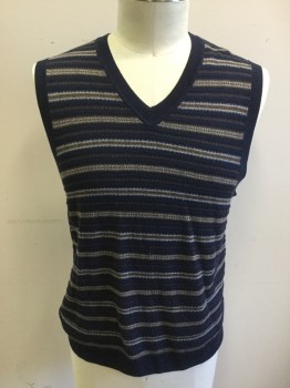 Mens, Sweater Vest, BROOKS BROTHERS, Navy Blue, Brown, Gray, Wool, Stripes, L, Lightweight, Solid Navy Ribbed Knit V-neck/Armhole/Waistband, Solid Navy Back