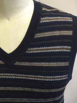 Mens, Sweater Vest, BROOKS BROTHERS, Navy Blue, Brown, Gray, Wool, Stripes, L, Lightweight, Solid Navy Ribbed Knit V-neck/Armhole/Waistband, Solid Navy Back