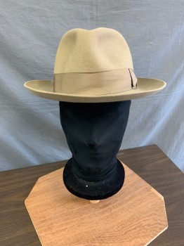 SELENTINO, Khaki Brown, Wool, Solid, Wool Felt, Khaki Gross Grain Ribbon Hat Band with Feather Detail, Few Stains..