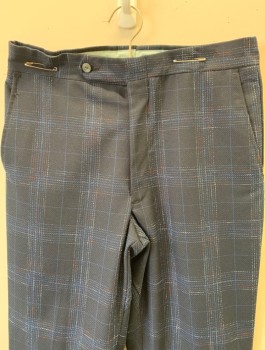 LUXALINE, Navy Blue, White, Blue, Red, Polyester, Plaid-  Windowpane, Flat Front, Tab Waist, Flared Leg, Zip Fly, 4 Pockets, No Belt Loops, Multiples,