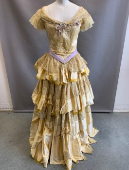 Womens, Historical Fiction Dress, N/L MTO, Gold, Yellow, Lavender Purple, Silk, Solid, W:25, B:32, Ball Gown, Shauntung Silk with Gold Lace Trim at Scoop Neck, and Cap Sleeves, Beaded Flower Detail at Bust, V Shaped Waist with Lavender Chiffon, Horizontal Ruffle Tiers, Full Skirt, Raw Edge at Hem, 1800's Historical Fantasy Made To Order
