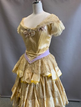 N/L MTO, Gold, Yellow, Lavender Purple, Silk, Solid, Ball Gown, Shauntung Silk with Gold Lace Trim at Scoop Neck, and Cap Sleeves, Beaded Flower Detail at Bust, V Shaped Waist with Lavender Chiffon, Horizontal Ruffle Tiers, Full Skirt, Raw Edge at Hem, 1800's Historical Fantasy Made To Order