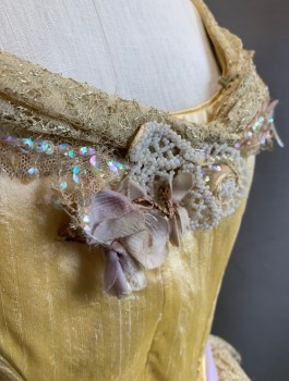 Womens, Historical Fiction Dress, N/L MTO, Gold, Yellow, Lavender Purple, Silk, Solid, W:25, B:32, Ball Gown, Shauntung Silk with Gold Lace Trim at Scoop Neck, and Cap Sleeves, Beaded Flower Detail at Bust, V Shaped Waist with Lavender Chiffon, Horizontal Ruffle Tiers, Full Skirt, Raw Edge at Hem, 1800's Historical Fantasy Made To Order