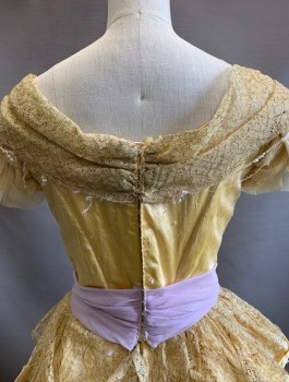 N/L MTO, Gold, Yellow, Lavender Purple, Silk, Solid, Ball Gown, Shauntung Silk with Gold Lace Trim at Scoop Neck, and Cap Sleeves, Beaded Flower Detail at Bust, V Shaped Waist with Lavender Chiffon, Horizontal Ruffle Tiers, Full Skirt, Raw Edge at Hem, 1800's Historical Fantasy Made To Order