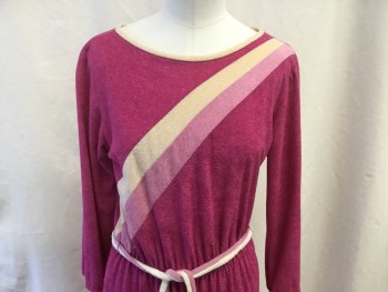 NL, Magenta Pink, Pink, Cream, Polyester, Solid, Graphic, Terry Cloth, Boat Neck, Long Sleeves, Elastic Waist, Hem Below Knee, Double Swooping Stripe Across Front Bodice, Double Self Tie Belt, Late 1970's Early 1980's