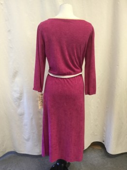 NL, Magenta Pink, Pink, Cream, Polyester, Solid, Graphic, Terry Cloth, Boat Neck, Long Sleeves, Elastic Waist, Hem Below Knee, Double Swooping Stripe Across Front Bodice, Double Self Tie Belt, Late 1970's Early 1980's