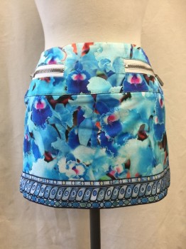 Womens, Skirt, Mini, JUST CAVALLI, Blue, Multi-color, Cotton, Synthetic, Abstract , W 30, 40, 2 Faux Zip Pockets