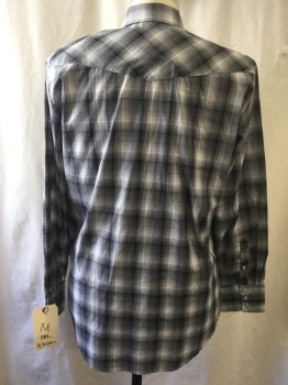 GIBSON, Black, Gray, White, Cotton, Polyester, Plaid, L/S,  2 Pockets, CA, Western Yoke, Button Front,