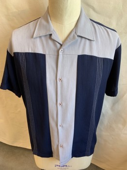 STEADY , Navy Blue, Heather Gray, Polyester, Color Blocking, Vertical Heather Navy with Vertical Heather Gray Color Block, 8 Double Vertical  Light Gray Stitches Front, Collar Attached, Button Front, Short Sleeves,