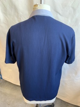 Mens, Casual Shirt, STEADY , Navy Blue, Heather Gray, Polyester, Color Blocking, XL, Vertical Heather Navy with Vertical Heather Gray Color Block, 8 Double Vertical  Light Gray Stitches Front, Collar Attached, Button Front, Short Sleeves,
