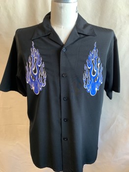 Mens, Casual Shirt, SILVER POINT, Black, Royal Blue, White, Polyester, Solid, Novelty Pattern, L, Collar Attached, 2 Royal Blue with White Trim Embroidery Flame, Collar Attached, Button Front, Short Sleeves,