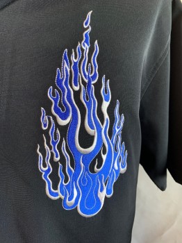Mens, Casual Shirt, SILVER POINT, Black, Royal Blue, White, Polyester, Solid, Novelty Pattern, L, Collar Attached, 2 Royal Blue with White Trim Embroidery Flame, Collar Attached, Button Front, Short Sleeves,