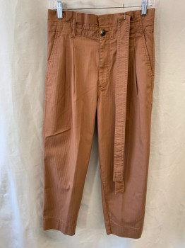 MADEWELL, Lt Brown, Cotton, Elastane, Herringbone, Side Pockets, 2 Patch Pockets on Back, Zip Front, Paper Bag Waist, with Matching Belt, Multiples
