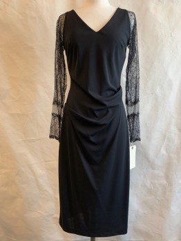 Womens, Dress, Long & 3/4 Sleeve, NICOLE MILLER, Black, Synthetic, Solid, 10, V-neck & Back, Lace Long Sleeves,