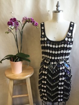 Womens, Cocktail Dress, KUSHI KUSHI, Black, Iridescent Black, Iridescent White, Polyester, Plastic, Geometric, 8, Sheer Chiffon with Iridescent Black and White Swirl Round Sequins with Bugle Bead Trim, Scoop Neck & Back, 1.5" Straps, Zig-zag Pattern Skirt with Off White Pearl Tear Drops, Zip Back, 1990's,  ** Some Sequins Unravelled at Shoulders