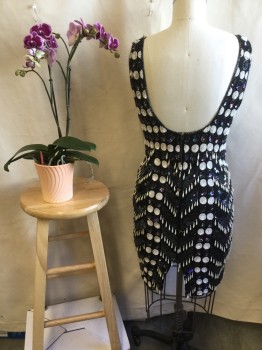 Womens, Cocktail Dress, KUSHI KUSHI, Black, Iridescent Black, Iridescent White, Polyester, Plastic, Geometric, 8, Sheer Chiffon with Iridescent Black and White Swirl Round Sequins with Bugle Bead Trim, Scoop Neck & Back, 1.5" Straps, Zig-zag Pattern Skirt with Off White Pearl Tear Drops, Zip Back, 1990's,  ** Some Sequins Unravelled at Shoulders