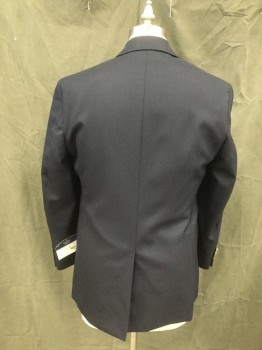 STAFFORD, Navy Blue, Wool, Solid, Single Breasted, 2 Gold Buttons, Collar Attached, Notched Lapel, 3 Pockets, Long Sleeves