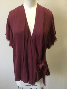 Womens, Top, CHELSEA, Wine Red, Viscose, Solid, XS, Wrap Top, Cross Over Bust, Flutter Sleeves with Lace Trim, Ties at Side Waist