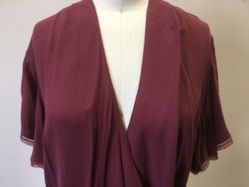 CHELSEA, Wine Red, Viscose, Solid, Wrap Top, Cross Over Bust, Flutter Sleeves with Lace Trim, Ties at Side Waist