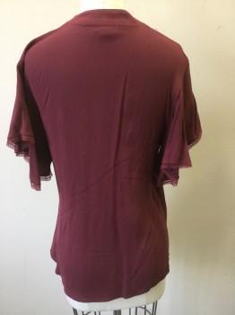 Womens, Top, CHELSEA, Wine Red, Viscose, Solid, XS, Wrap Top, Cross Over Bust, Flutter Sleeves with Lace Trim, Ties at Side Waist