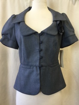 REBECCA TAYLOR, Blue, Polyester, Viscose, Solid, Button Front, Collar Attached, Notched Lapel, Floral Appliqué on Left Side of Chest, Short Sleeves,