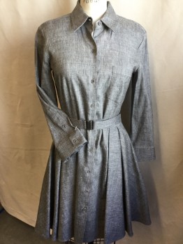 THEORY, Heather Gray, Linen, Viscose, Heathered, Collar Attached, Button Front, 1 Pocket, 3/4 Sleeves, 2 Large Pleat Bias Cut Skirt, Self Adjustable Waist Belt with Metal Buckle