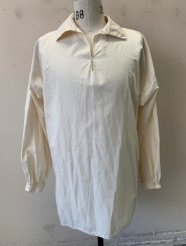JAS TOWNSEND & SON, White, Cotton, Solid, Muslin, Long Sleeves, Collar Attached, V-neck with Small Keyhole with Cream Stitched Edges, Pullover, Historical Reproduction, Pirate