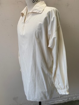 JAS TOWNSEND & SON, White, Cotton, Solid, Muslin, Long Sleeves, Collar Attached, V-neck with Small Keyhole with Cream Stitched Edges, Pullover, Historical Reproduction, Pirate
