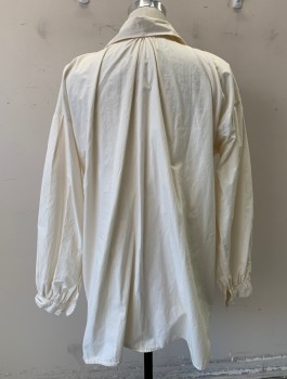 Mens, Historical Fiction Shirt, JAS TOWNSEND & SON, White, Cotton, Solid, M, Muslin, Long Sleeves, Collar Attached, V-neck with Small Keyhole with Cream Stitched Edges, Pullover, Historical Reproduction, Pirate